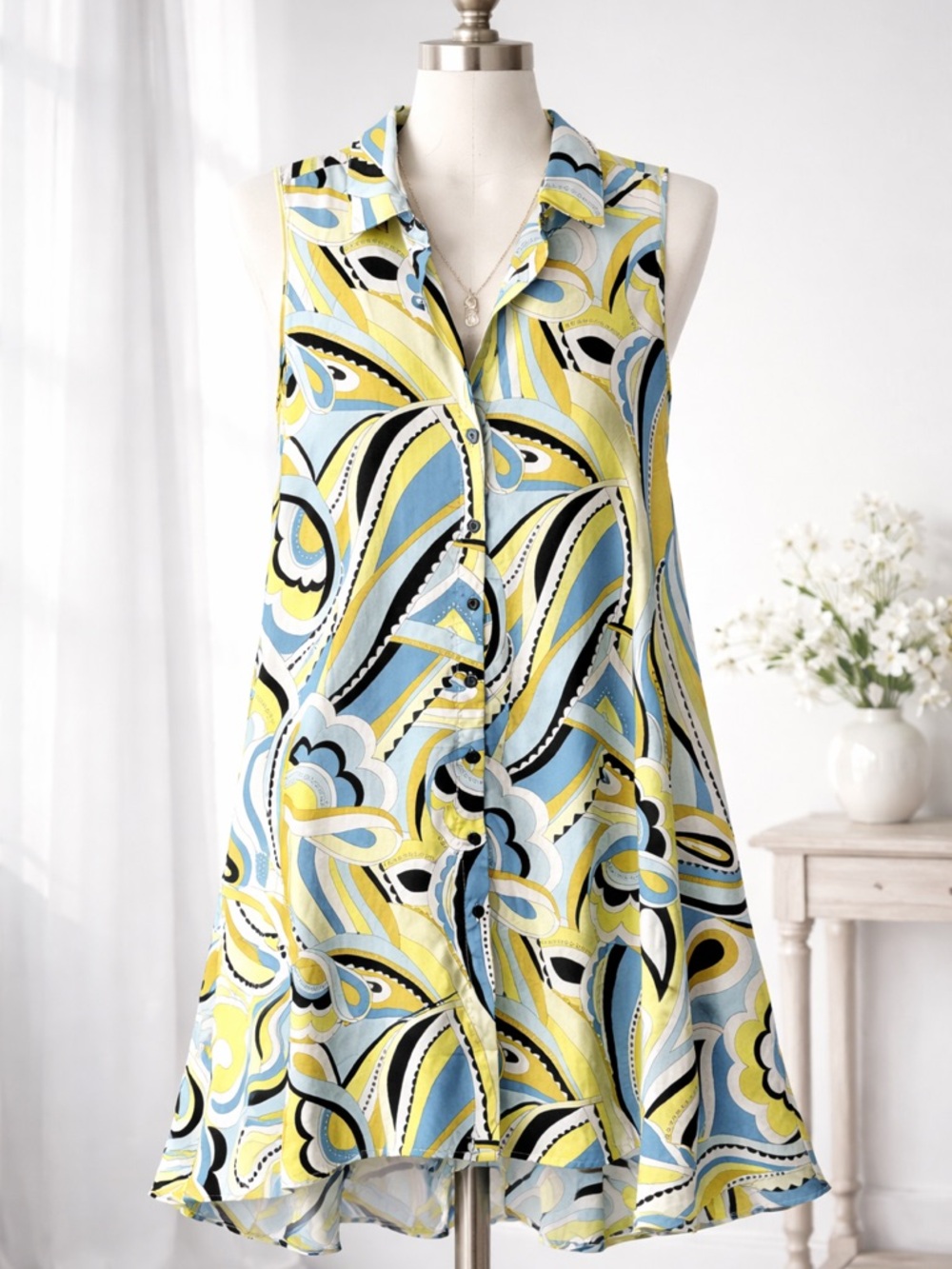 Sleeveless Button-Up Swing Dress in Blue, Yellow & Black